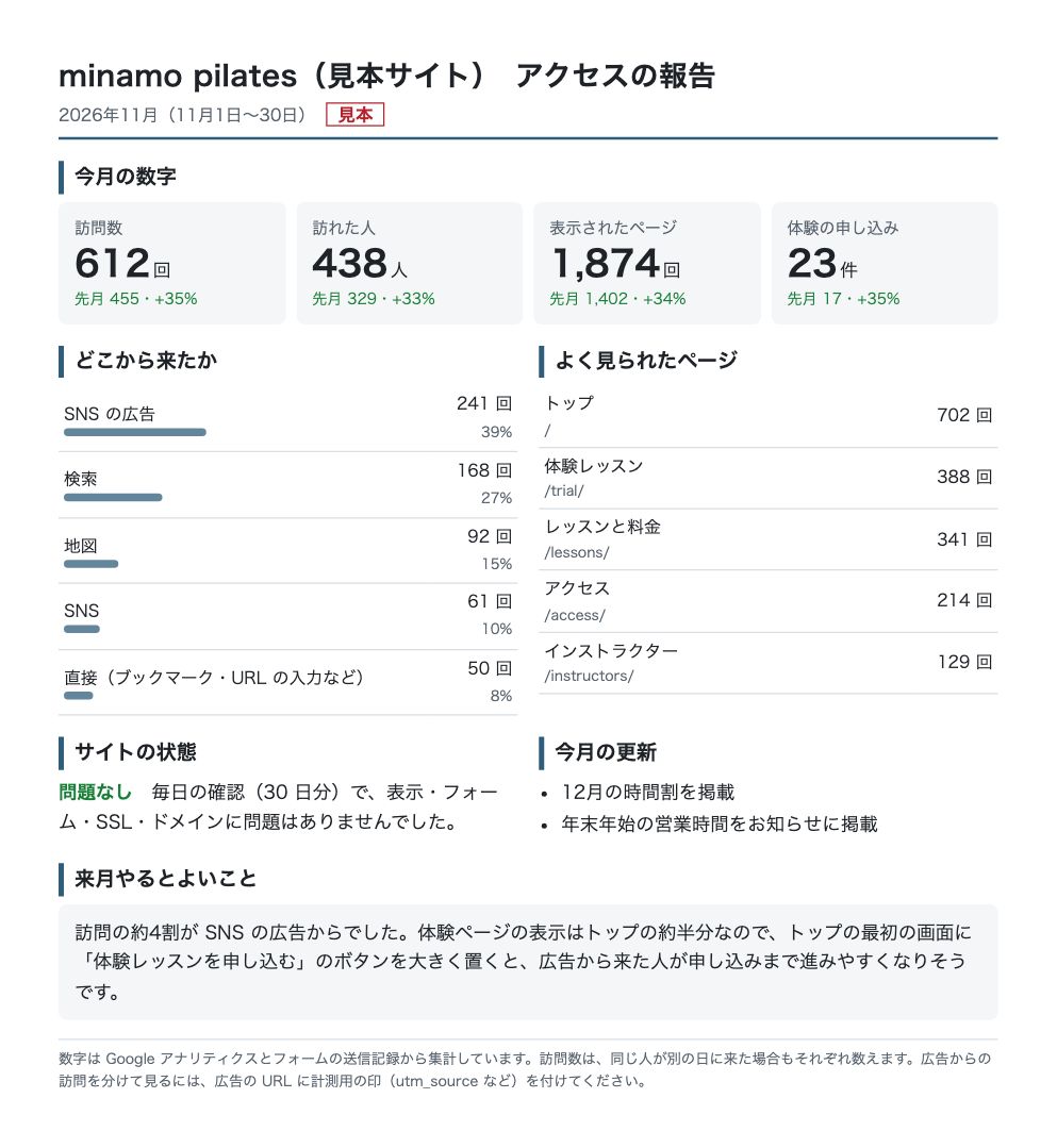 アクセスの報告の見本。訪問数・訪れた人・表示されたページ・申し込みの件数と先月との比較、どこから来たか、よく見られたページ、サイトの状態、今月の更新、来月やるとよいこと